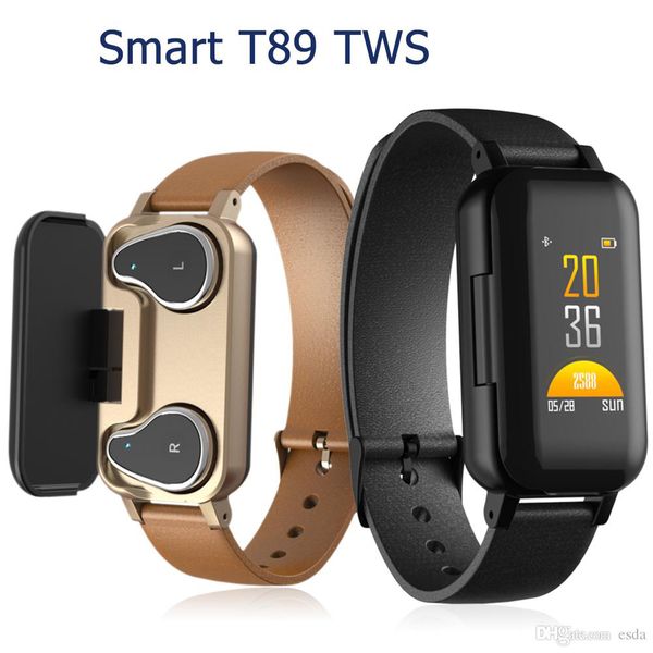 

t89 smart bracelet tws earbuds bluetooth v5.0 smart wristband sport health tracker watches for ios android smartphones with retail box