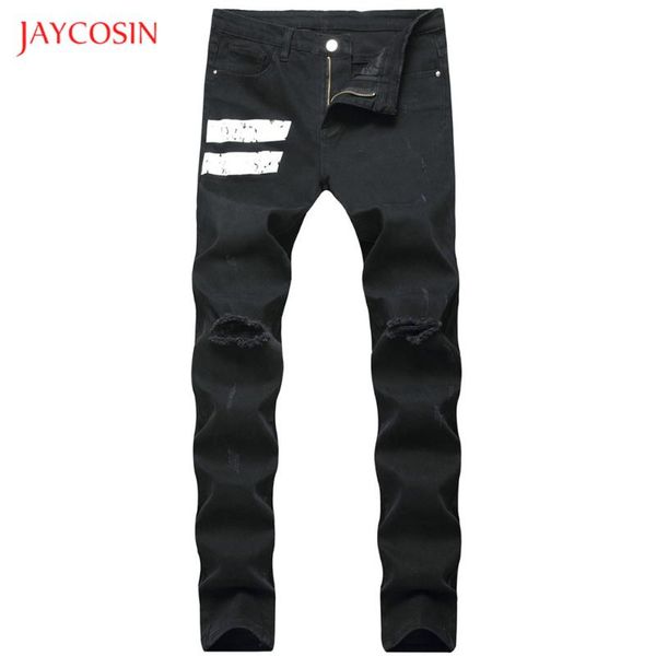 

jaycosin spring mens jeans pants hip hop denim hole patchwork stripe distressed jeans casual slim pencil pants male streetwear, Blue