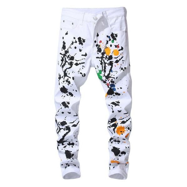 

2018 new fashion spring mens designer jeans paint splatter white slim feet casual stretch pants mid-waist straight mens jeans size 30-38, Blue