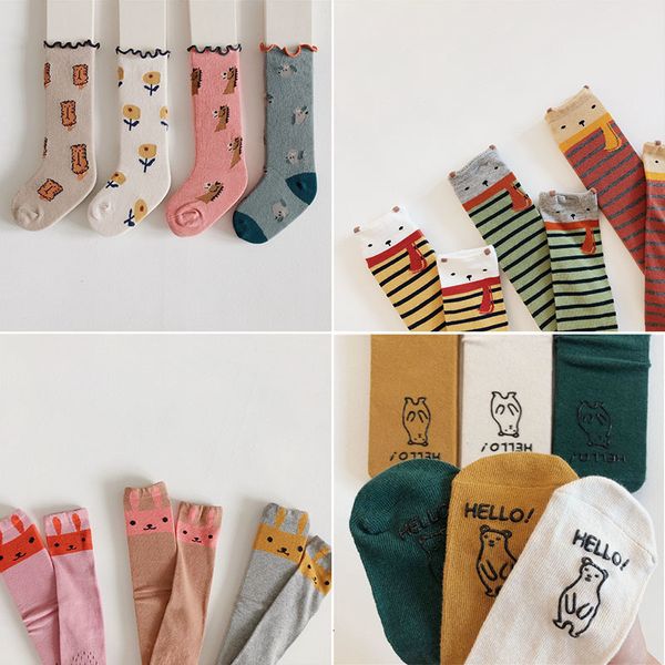 

korean baby boys girls 2019 lovely bear flower bunny print knee toddler cotton long kids tube socks, Pink;yellow