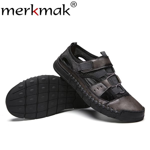 

merkmak summer hollow men's sandals leather rome breathable shoes outdoor casual men footwear flat solid soft man's beach shoes, Black