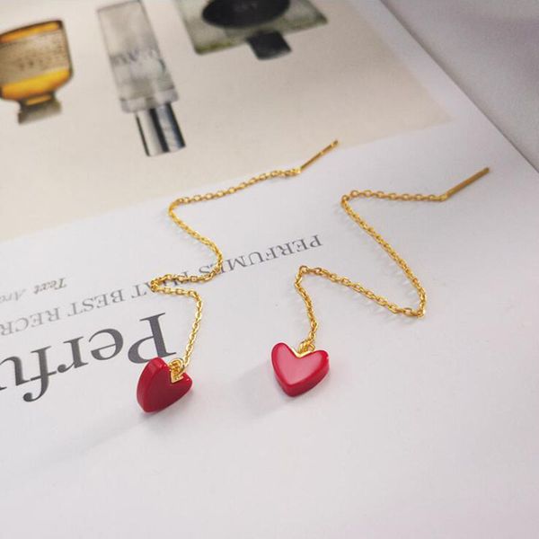 

fashion red heart dangle earrings for women statement real 925 sterling silver long chain earring party gifts accessory, Golden;silver