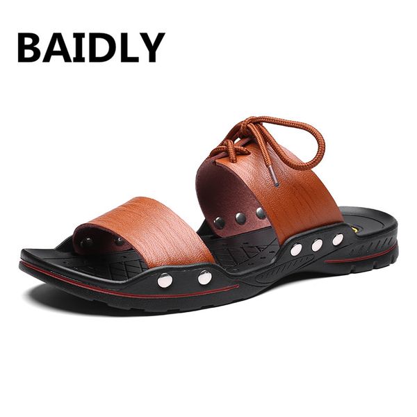 

new arrival men slippers leather flats summer sandals fashion men's beach slides shoes big size 39-45, Blue;gray