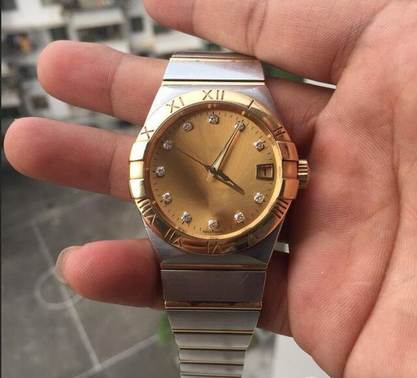 

new fashion dress watch for man stainless steel bracelet gold face mechanical watch automatic movement watches 367, Slivery;brown