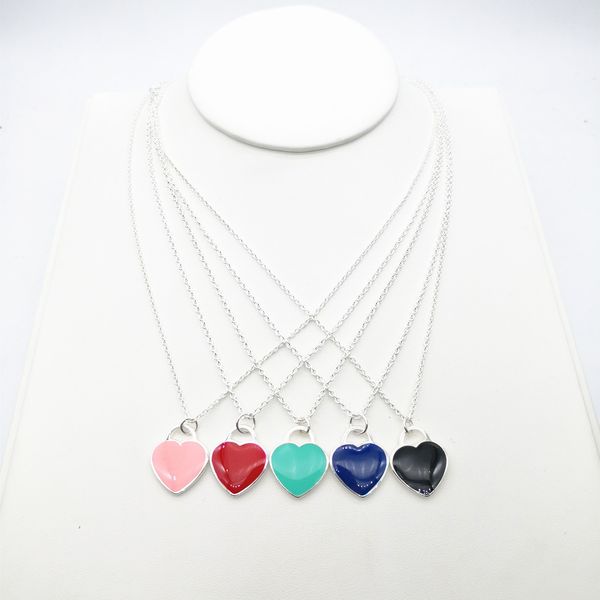 

women sterling silver european and american classic heart-shaped love blue red pink ms black enamel necklace pendant jewelry