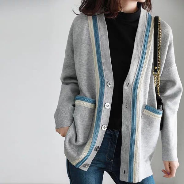 

preppy style women knitted cardigan coat single-breasted v-neck long sleeves casual wild lady knitwear 2020 new, White