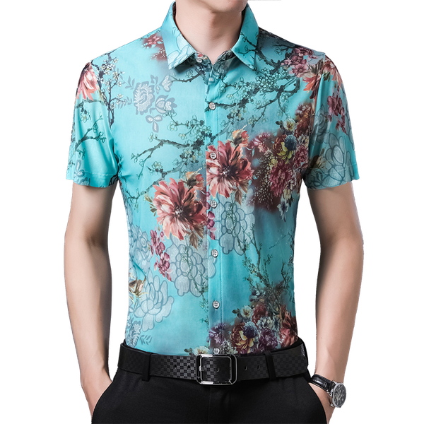 

male printed clothes summer fashion printing dress shirt casual men floral printed short short sleeve, White;black