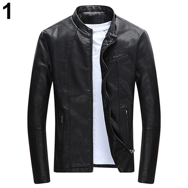 

men fashion winter casual slim fit cool zipper pocket faux leather jacket coat, Black