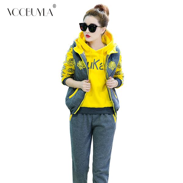 

voobuyla women 3 piece set tracksuits winter hoodies + vest + pants yoga set sport suit letter printed jogging running suit 3xl, Black;blue