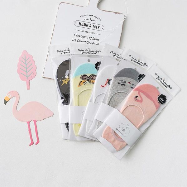 

new designer flamingo series slippers socks for women invisible silicone non-slip cotton lovely socks animal painting female boat socks, Black;white
