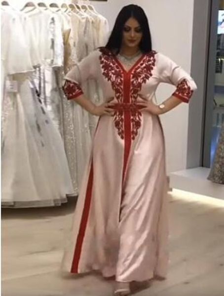

red lace 3/4 sleeves light pink v neck moroccan kaftan evening dresses for women muslim lace prom gowns special occasion formal party, Black;red