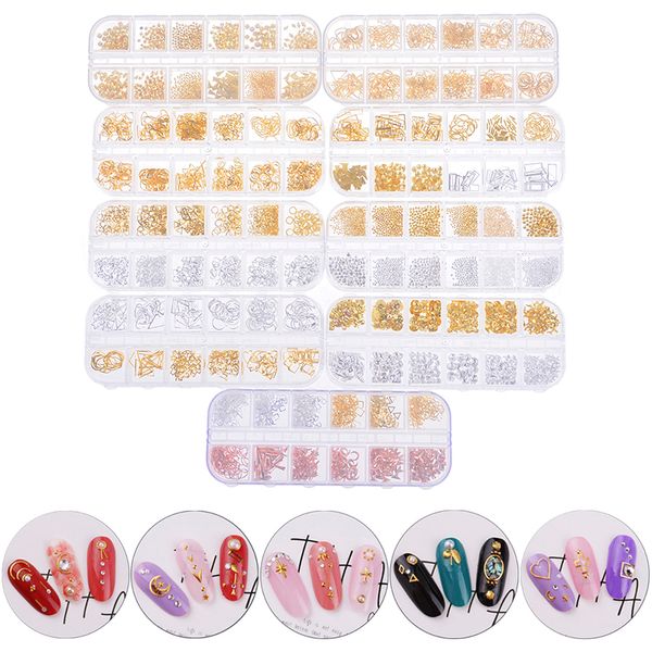 

new 3d nail art diy glittermetal decorations nails charms gold silver manicure nail ornament jewelry beauty 12types in one case, Silver;gold
