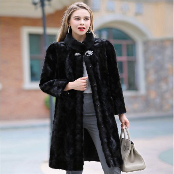 

2019 new fur coat women's overall collar in the long section of the fight collar stand large size long paragraph coat, Black