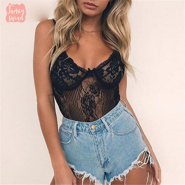 

женщины bodysuit sexy 2019 bow tie цветочные вышивка выдалбливают кружева bodysuit черный белый комбинезон летние комбинезоны, Black;white