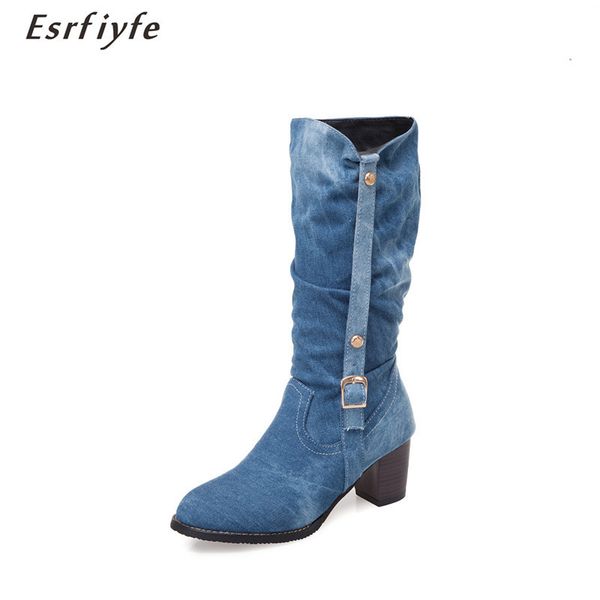 

esrfiyfe 2019 new vintage denim women mid calf boots high heel long boots autumn winter shoes western large size 34-48, Black