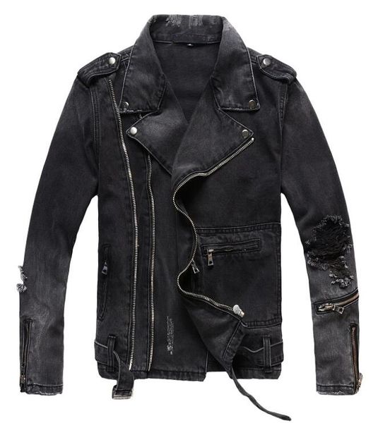 

ba  main spring and autumn new european and american trend men's retro old denim jacket short personality black zipper motorcycle jack, Black;brown