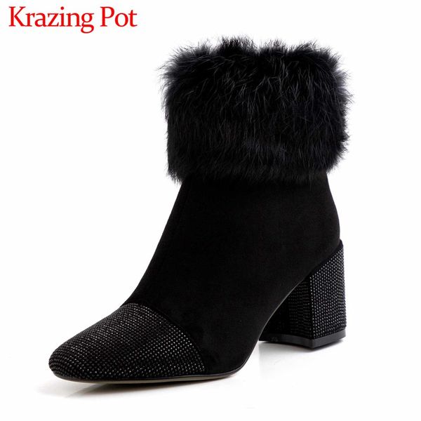 

krazing pot shiny crystal studded cow leather fur square toe high heels side zip women winter keep warm ankle boots l60, Black
