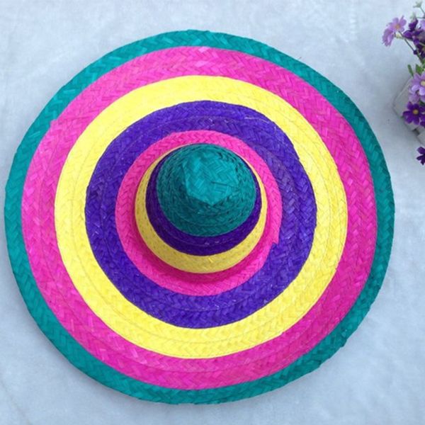 

men women party supplies mexican style kids outdoor wide brim gift straw hats random color round decorative colorful edges