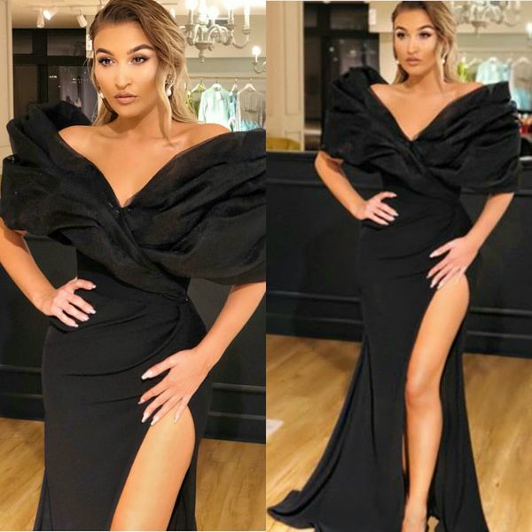 

2020 black evening dresses with high side split v neck mermaid prom dress satin custom made formal party gowns, Black;red