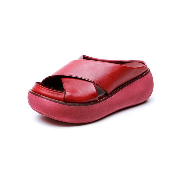 

women's platform slippers summer shoes 2020 genuine leather retro ladies shoes mother handmade summer slippers for woman shoe, Black