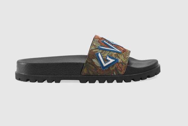 

Designer Rubber slide sandal Floral brocade men slipper Gear bottoms Flip Flops women striped Beach causal slipper with Box US5-11