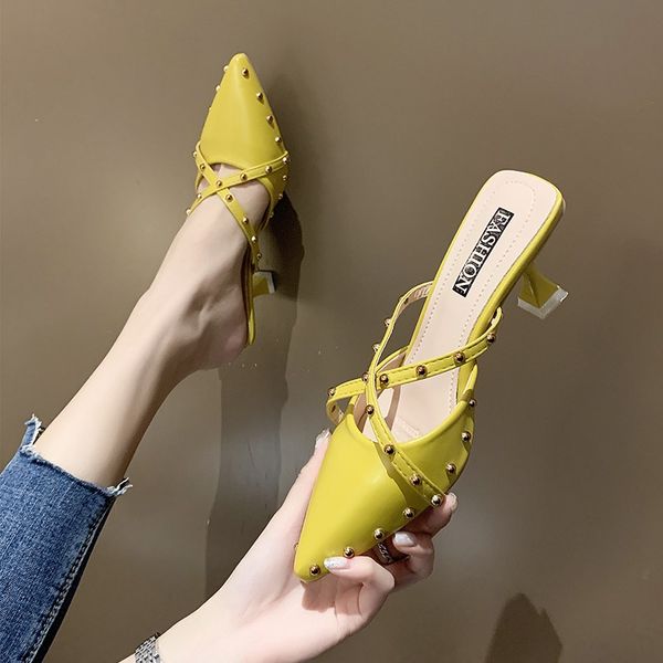 

pu leather high heel mules shoes women pointed toe rivet narrow band slippers summer shoes women closed toe sandals 2020, Black