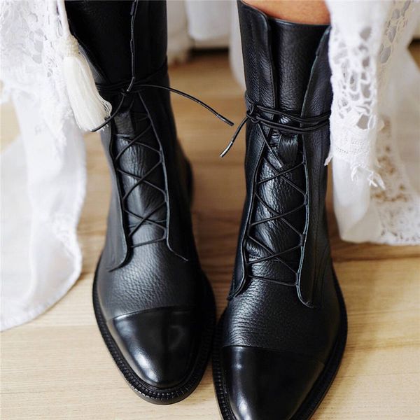 

women vintage mid calf boots women's fashion lace up ladies comfort woman pu leather boots platform casual female shoes autumn, Black