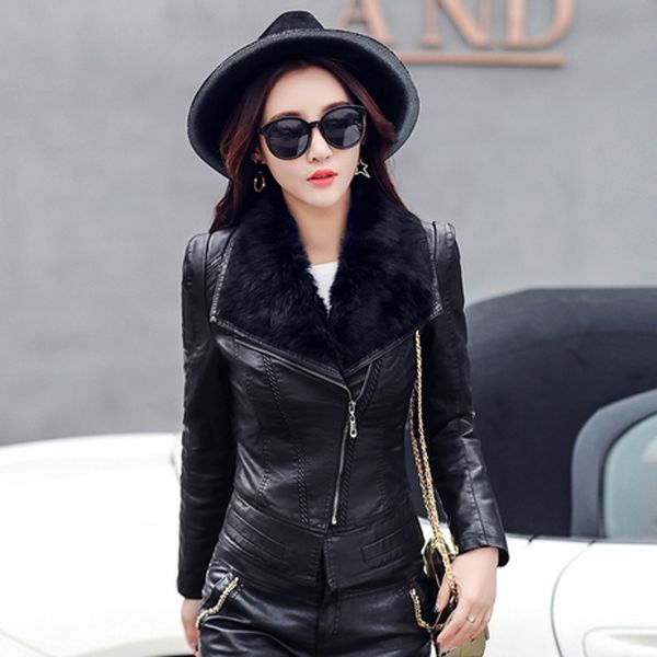 

leather coat jacket women winter clothes pu fur arount collar zipper slim short jacket overcoat outwear c91301, Black