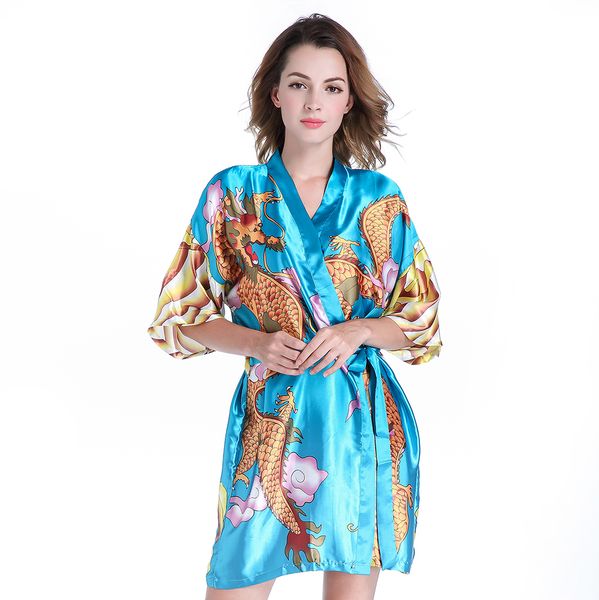 

blue chinese vintage print women satin robe handmade short kaftan kimono gown novelty bathrobe sleepwear dragon nightgown g20, Black;red