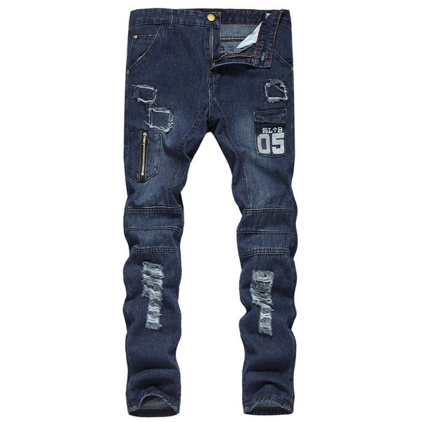 

the new men's cross-border jeans in autumn and winter 2019 are leisure solid color printed slim pants with holes, Blue