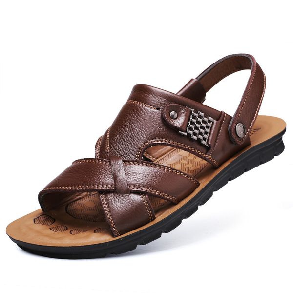 

spring 2019 new men's sandals men's fashion leather beach shoes large casual slippers, Black