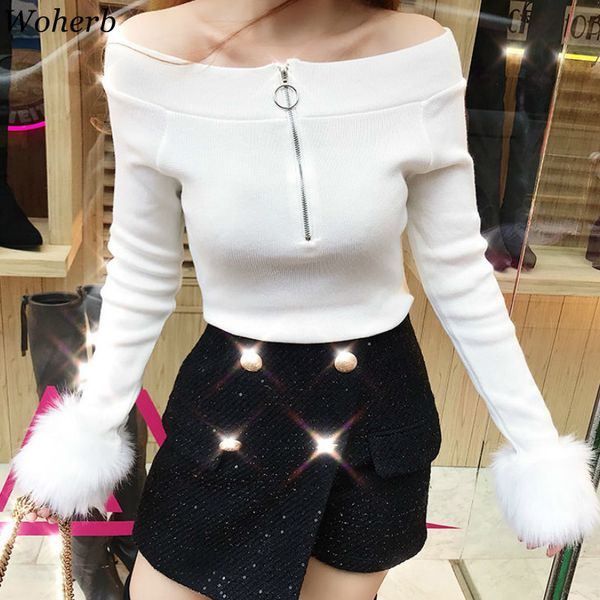 

woherb slash neck pullover zipper long fur sleeve sweater women solid color slim jumpers korean fashion autumn new 91010, White;black
