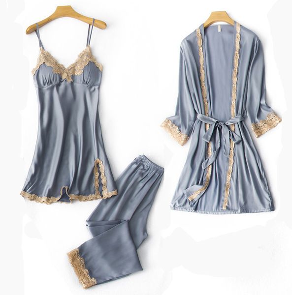 

summer pajamas set womens v-neck sleep wear pijama 3pc home nighties bathrobe long sleeve robe gown suit pijama sleepwear, Blue;gray