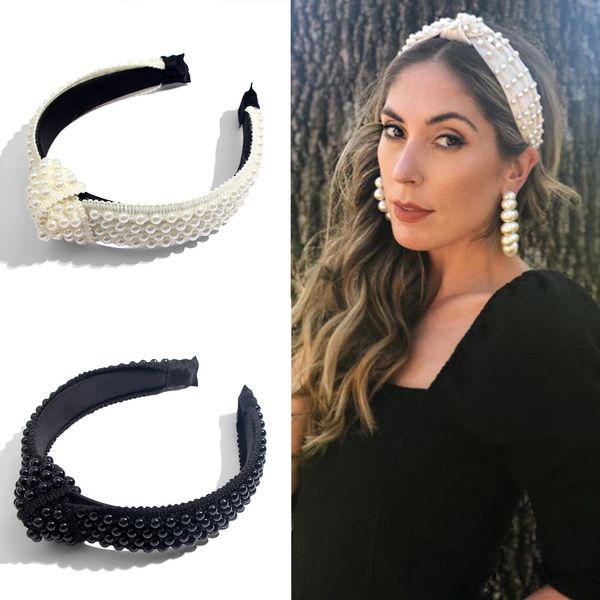 

flatfoosie 2019 мода жемчужный повязка для женщин диапазона волос ручной knotted hairbands партии жемчужные девочек аксессуары для волос, Golden;white
