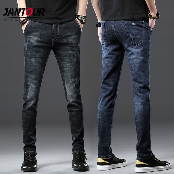 

jantour cotton men jeans pants lace up denim trousers black pants skinny slim hip hop sportswear elastic waist male trousers, Blue