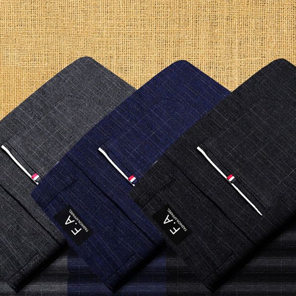

cotton linen plaid pants men business casual straight trousers, Black