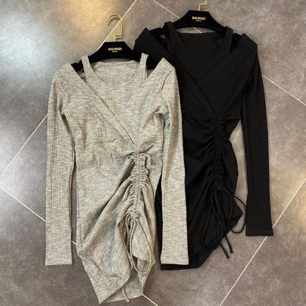 

casual dresses women dress drawstring off shoulder long sleeve irregular summer clothes 2021 v657, Black;gray