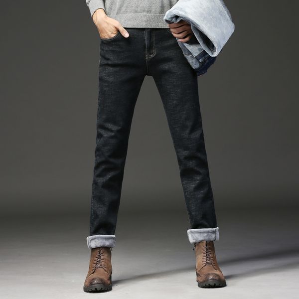 

2019 new winter warm men's jeans thick stretch denim jeans straight fit trousers male cotton pants men large size40 fit for -20, Blue