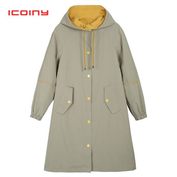 

icoiny long sleeve hooded trench coat 2020 spring autumn long coat women overcoat hoodeis clothes, Tan;black