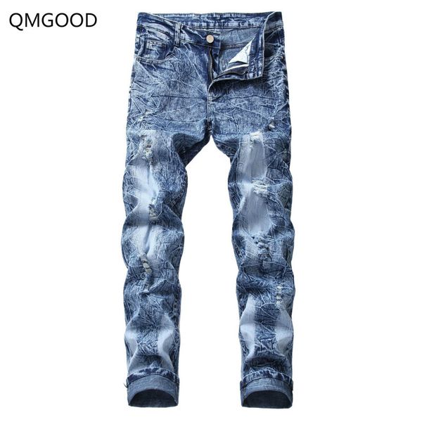 

qmgood 2019 fashion brand distressed jeans mens jeans brand stretch ripped for men biker denim pants men urban clothes 42, Blue