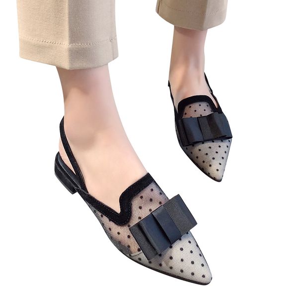 

folded bowknot clear dot flat shoes back strap pointed toe low heel shoes fashoin women new style breatheable casual, Black