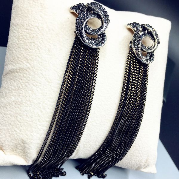 

fashion crystal tassel drop earring for women vintage wedding korean party jewelry rhinestone black long chains dangle earrings, Silver