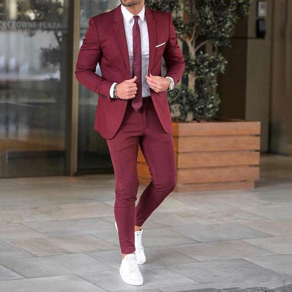 Burgundy Red Men Suits Wedding Suits Slim Fit Casual Business Bridegroom Custom Groom Tuxedo Blazer Coat Pants Best Man Prom Costume White Dinner