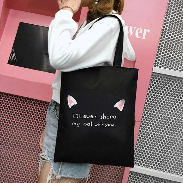 

shopping tote bag cute cartoon print grocery bag cotton canvas tote zipper closure casual daily bags for women girls