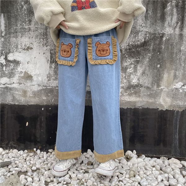 

японский lacework большой карманный медведь head вышивка straight jeans подростка девушки student осень зима сыпучие девять брюки повседневн, Black;white