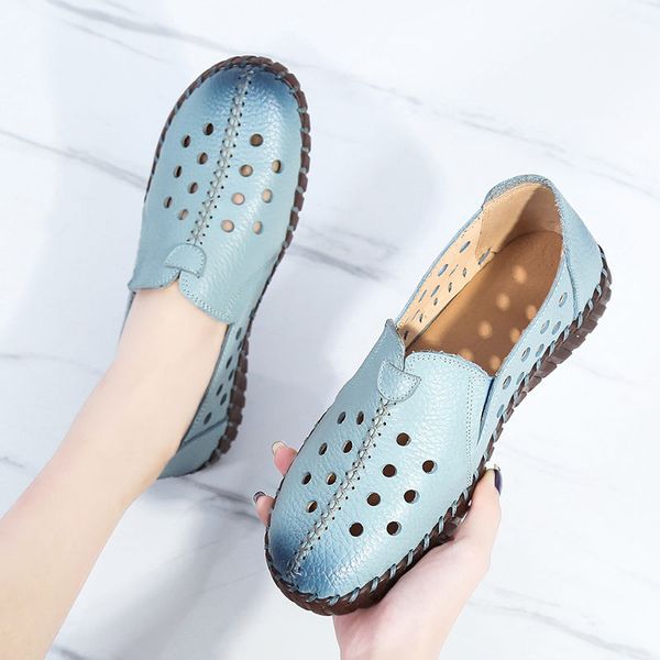 

alishinrey 2020 summer genuine leather vintage loafers shoes women slip-on handmade leather breathable hollow soft shoes woman, Black