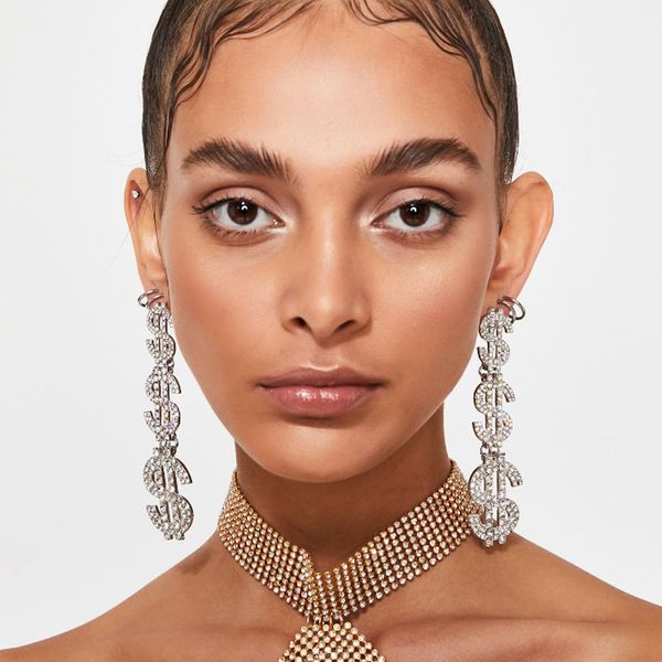 

new design us dollar earring jewelry rhinestone dangle earrings for women luxury money charms statement earrings accessories, Silver