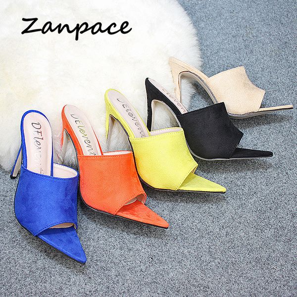 

zanpace europe women slippers large size 35-43 high heel womens shoes pointed slides 2019 5 colors flip flops women, Black