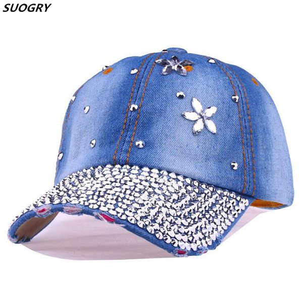 

wholesale denim solid style petal drill baseball hat cap fashion leisure rhinestones vintage flower cotton caps, Blue;gray