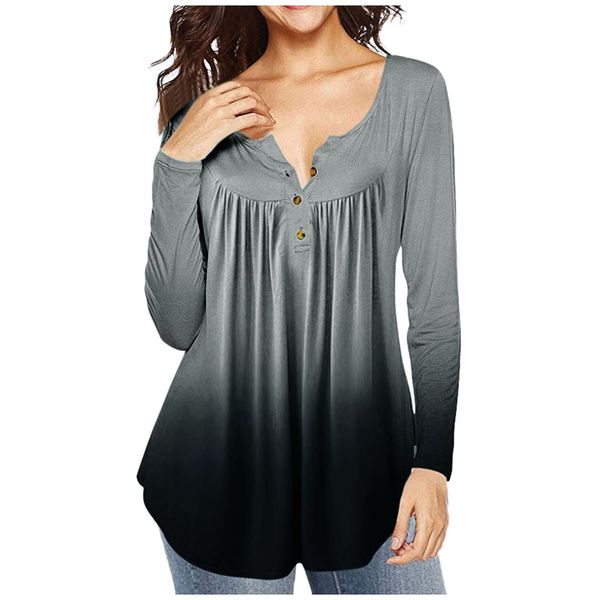 

feitong elegant blouse women v neck shirts swing blouses button tunic flowy gradient loose soft shirt blouse, White